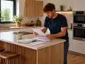 Hombre pelirrojo revisa facturas en su cocina moderna. Preocupado, piensa: "por 6000 euros me pueden quitar mi casa".