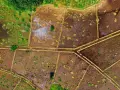 Vista aérea de campos divididos por caminos, con parches de vegetación verde y marrón. El **suelo urbanizable** se vislumbra entre la tierra húmeda y la vegetación.