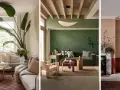 Inspiración de colores para salones: tonos tierra, verde musgo y melocotón en ambientes acogedores con plantas y texturas naturales.
