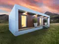 Casa moderna en campo con montañas al atardecer. Obtén tu licencia para instalar mobil home y vive tu sueño.