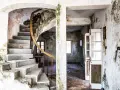 Interior de una casa en ruinas con escalera de caracol y paredes desconchadas. El estado de abandono evidencia las obligaciones del ayuntamiento para su mantenimiento.