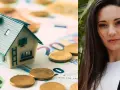 Mini casa sobre billetes y monedas, junto a una mujer. Consejos para alquilar un piso de forma inteligente.