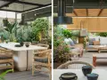 Elegante decoración ibicenca exterior con muebles de ratán, mesas de piedra y abundante vegetación. Un oasis de paz y estilo.