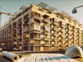 Planos de nuevos edificios en Catalunya, con grúa de construcción al fondo y casco de obra en primer plano.