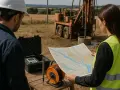 Ingenieros analizan mapa junto a equipo de perforación, buscando pozos anteriores a 1986.