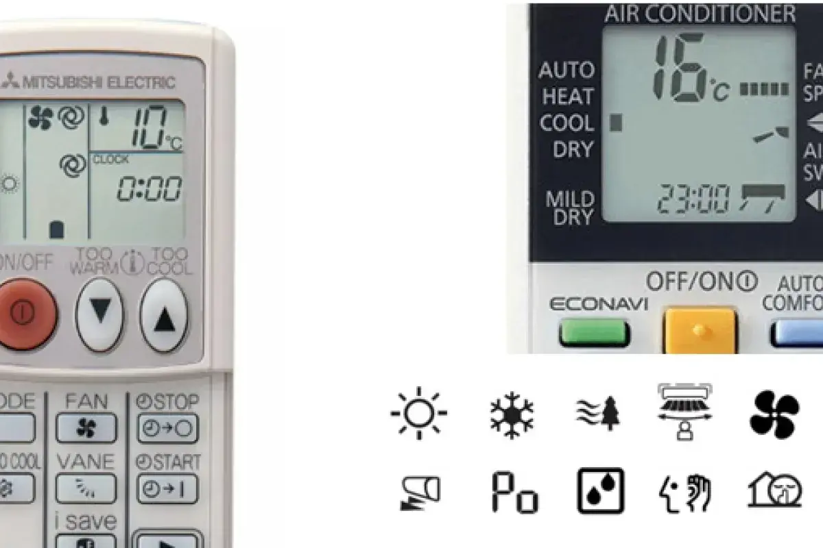 Mandos a distancia de aire acondicionado con varios símbolos. Uno muestra un sol, un copo de nieve y ondas, indicando modos de calor, frío y seco.