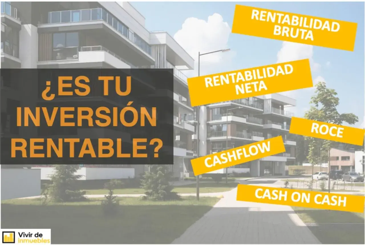 Edificio moderno con texto sobre rentabilidad de inversión inmobiliaria: ¿Es tu inversión rentable? Incluye términos como Cashflow, ROCE, Rentabilidad Bruta y Neta.