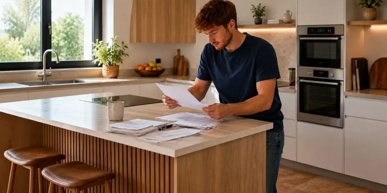 Hombre pelirrojo revisa facturas en su cocina moderna. Preocupado, piensa: "por 6000 euros me pueden quitar mi casa".