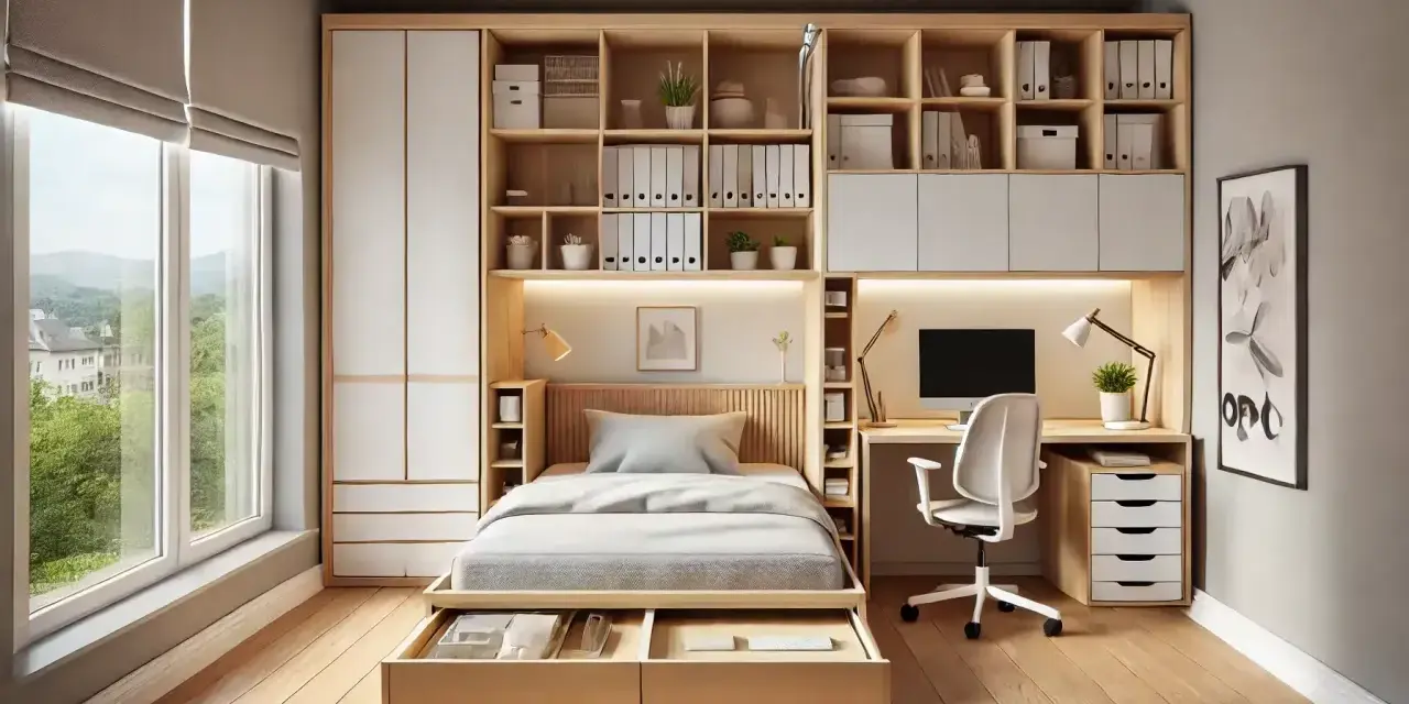 Dormitorio con despacho integrado, cama con cajones y estanterías de madera. Ideal para espacios pequeños.