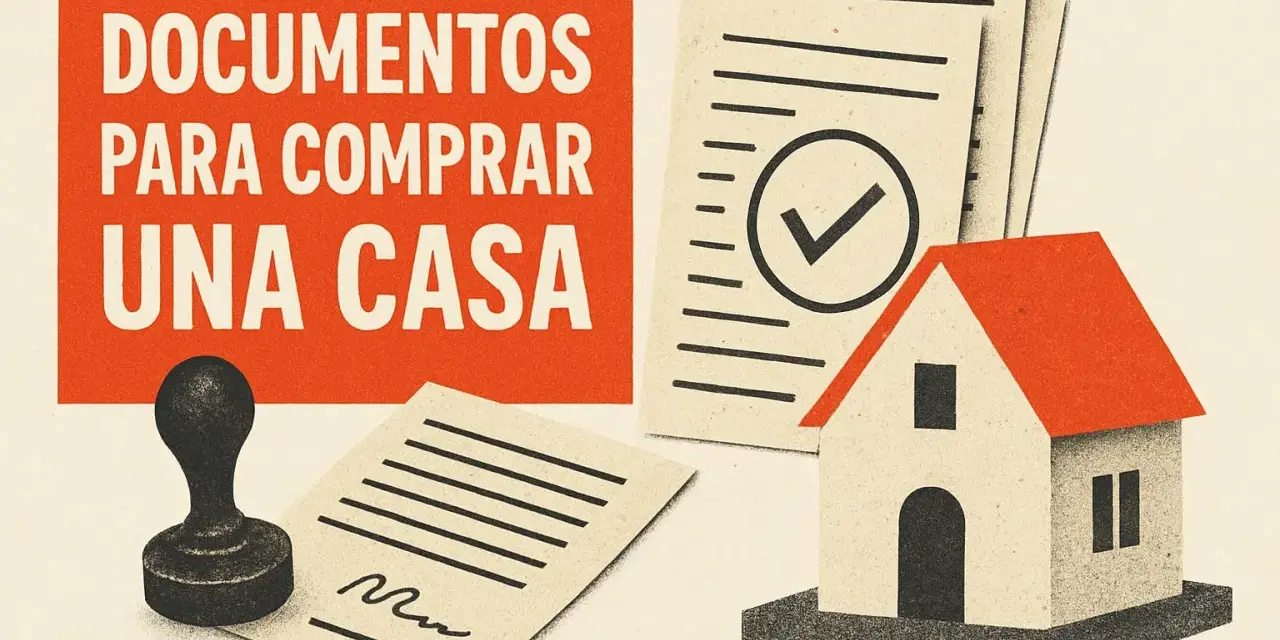 Documentos para comprar una casa: una casa de juguete, papeles con un visto bueno y un sello.