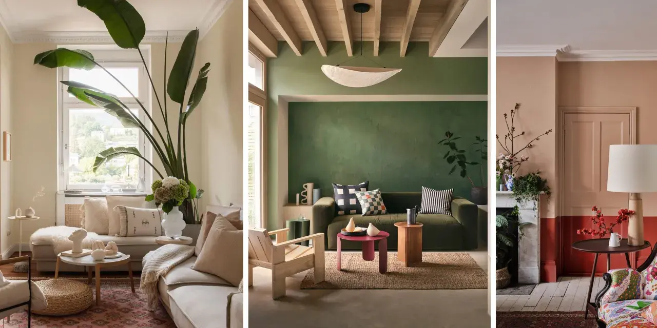 Inspiración de colores para salones: tonos tierra, verde musgo y melocotón en ambientes acogedores con plantas y texturas naturales.