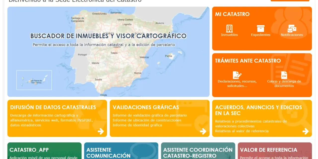 La Sede Electrónica del Catastro muestra un mapa de España y opciones para consultar información, incluyendo qué es la referencia catastral de una vivienda.