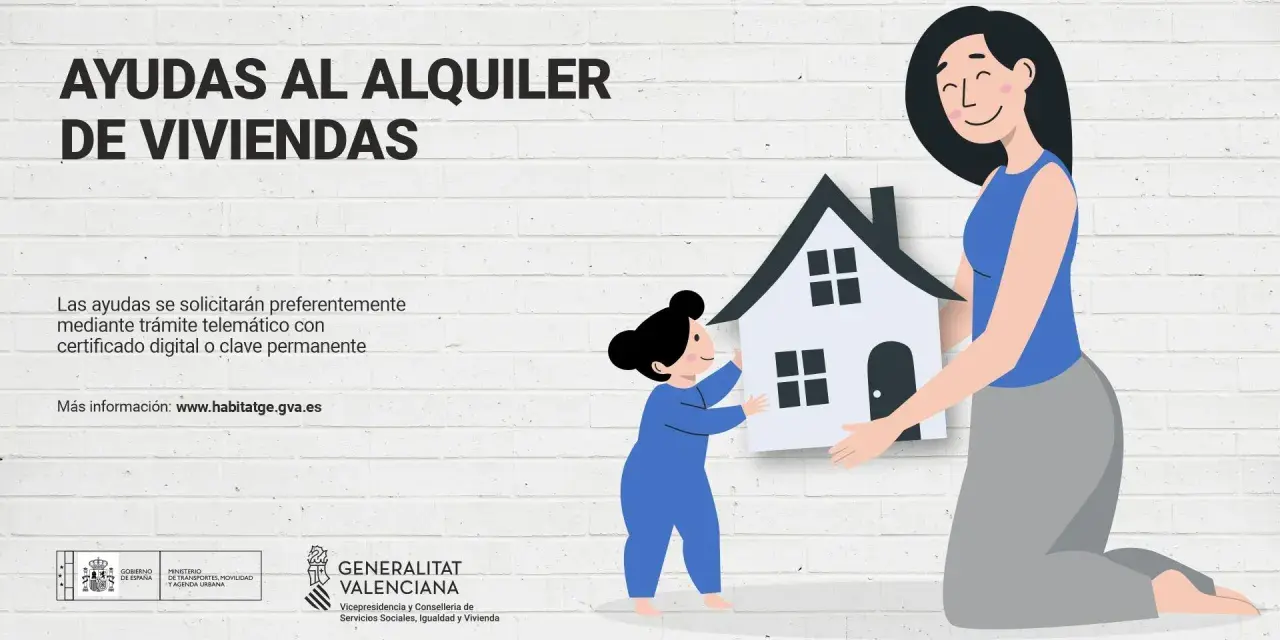 Ilustración de dos mujeres y una casa, promoviendo ayudas para propietarios de viviendas en alquiler.