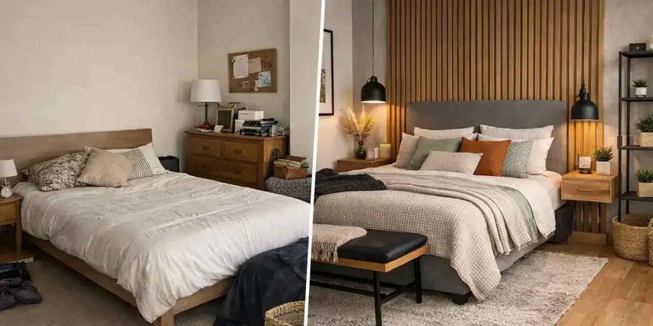 Dormitorio antes y después: cómo renovar dormitorio sin cambiar muebles, con textiles y detalles acogedores.