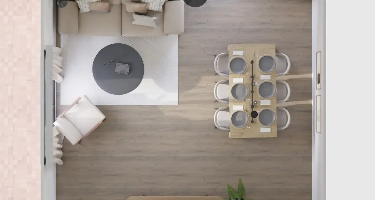Distribución salón comedor rectangular: sofá, mesa de centro, sillón, mesa de comedor con seis sillas y mueble de TV.