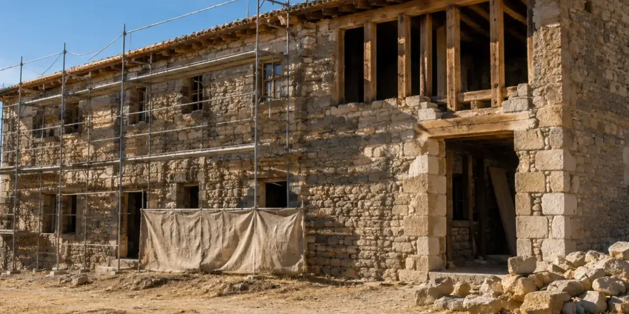 Andamios rodean una casa de piedra en ruinas, demostrando que se puede rehabilitar una casa declarada en ruinas.