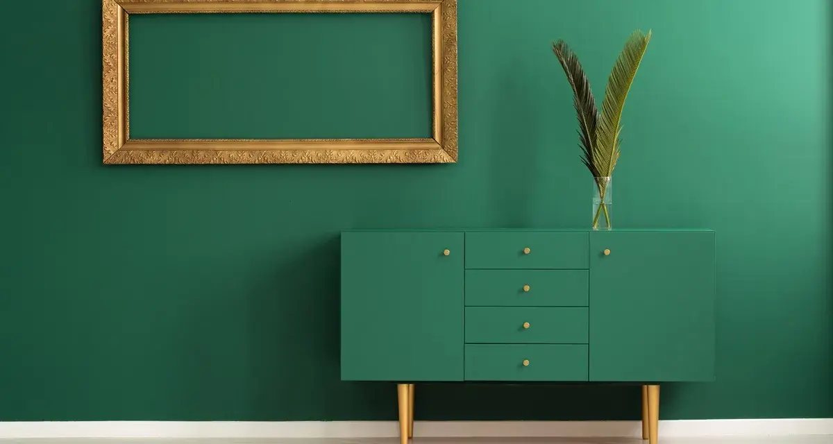 Un mueble verde esmeralda con patas doradas y un marco dorado vacío sobre pared verde. Los colores que pegan con el dorado son el verde intenso y el blanco.