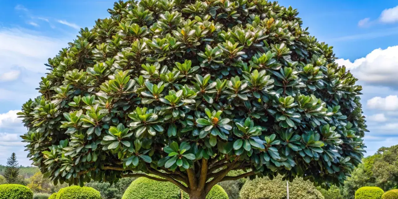 Magnífico árbol frondoso, ideal como uno de los árboles para jardín, con un tronco robusto y follaje verde intenso bajo un cielo azul con nubes.