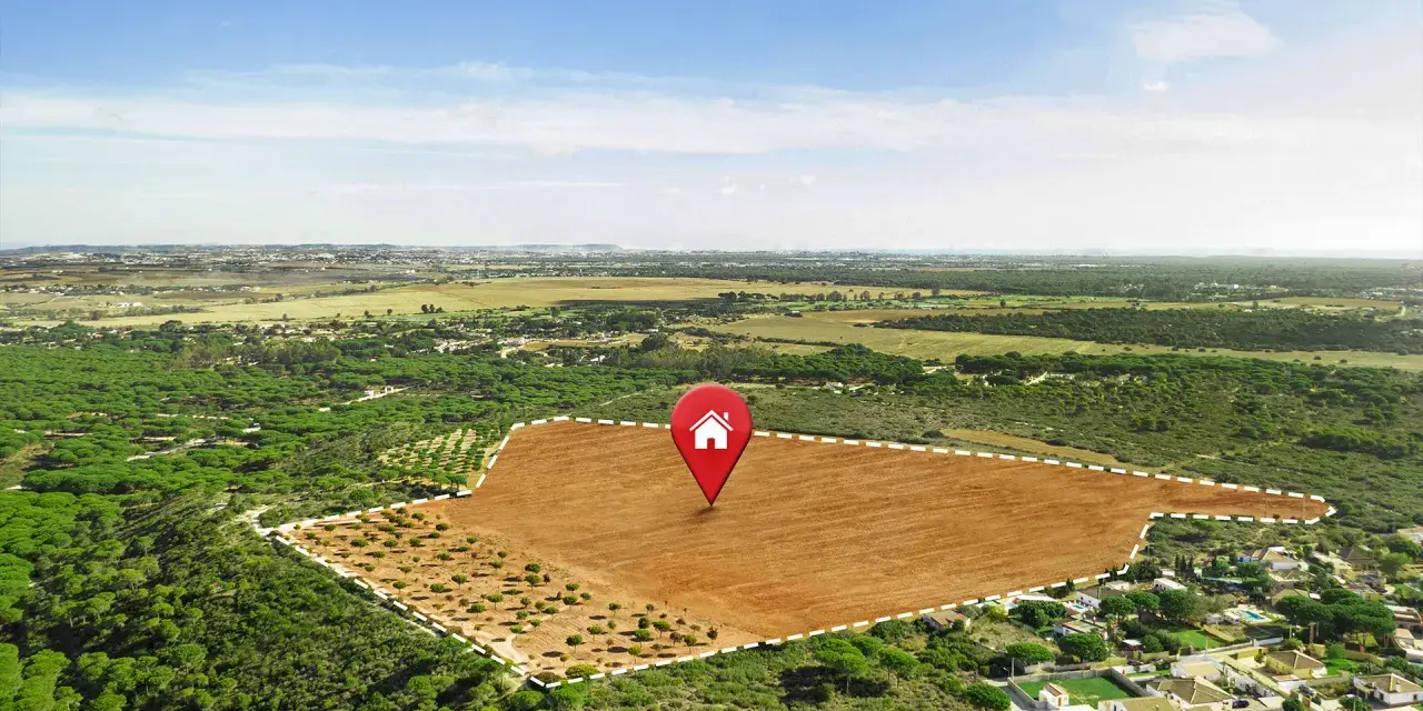 Terreno llano y despejado, marcado con un pin de casa, rodeado de pinos y vegetación. Un área de suelo terciario ideal para construir.