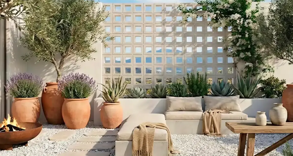 Terraza con asientos, plantas en macetas, un fuego y una pared de bloques decorativa.
