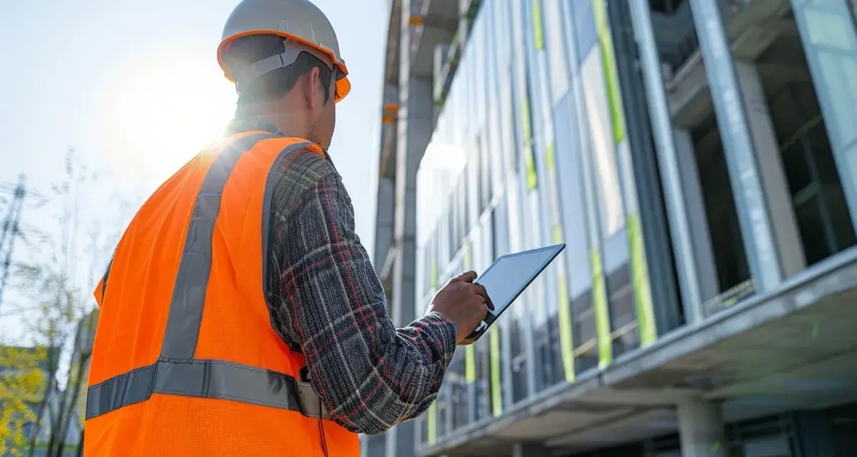 Ingeniero revisa tablet frente a edificio moderno. ¿Qué edificios tienen que pasar la ITE?