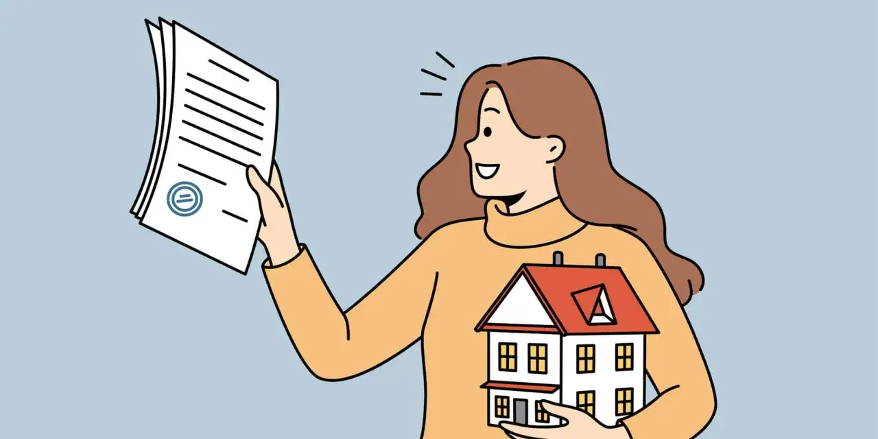 Mujer sonriente sostiene una casa y un documento, indicando cómo saber si una casa tiene seguro.