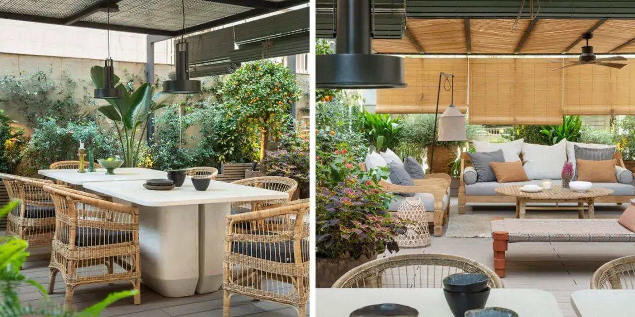 Elegante decoración ibicenca exterior con muebles de ratán, mesas de piedra y abundante vegetación. Un oasis de paz y estilo.