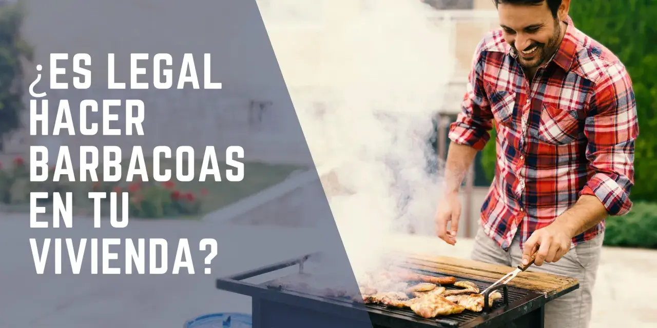 Hombre sonriente asa carne en barbacoa. ¿Es legal hacer barbacoas en tu vivienda? Conoce la normativa barbacoas en chalets.