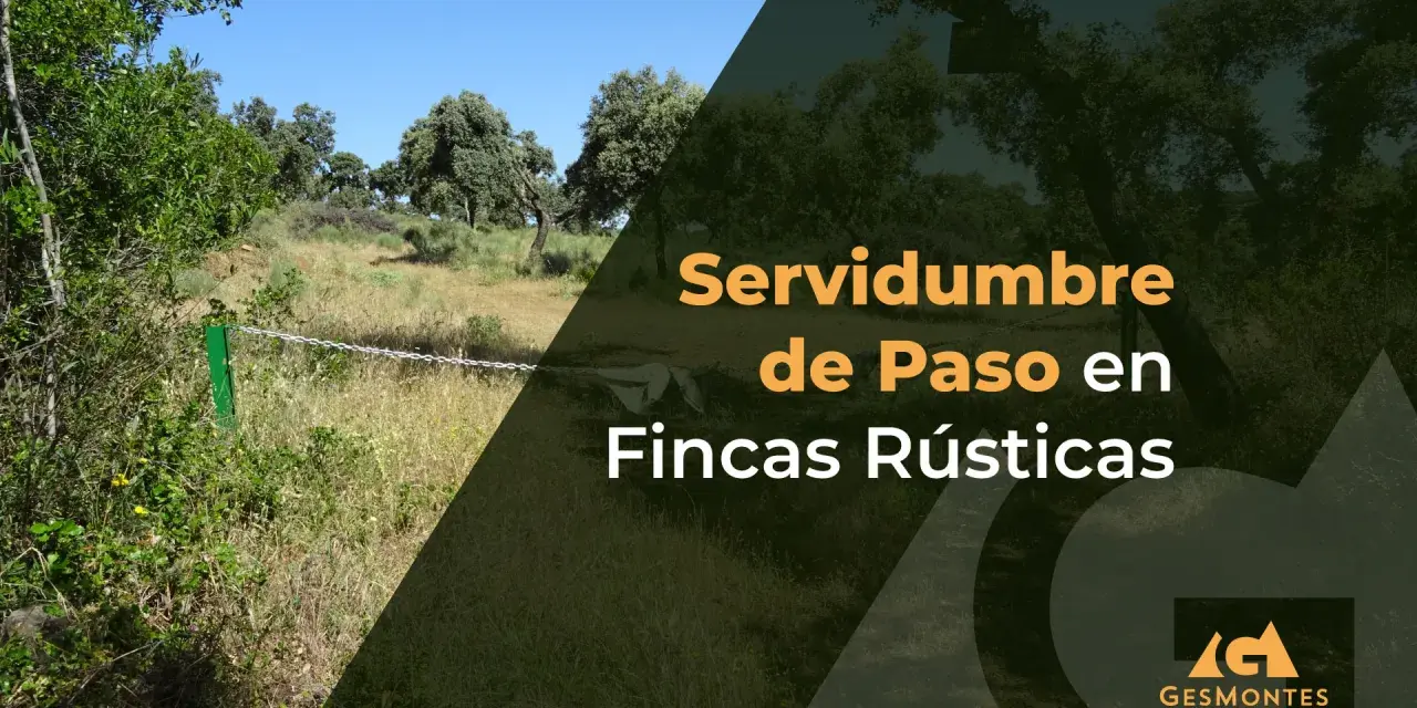 Paisaje rural con texto "Servidumbre de Paso en Fincas Rústicas". Explora la diferencia entre finca y parcela.