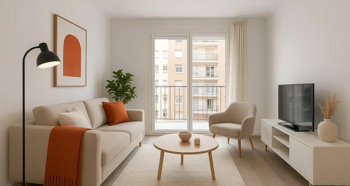 Salón moderno y luminoso. Sofá beige, mesa de centro, sillón, TV y planta. ¡Ideal para cuando pueda alquilar mi primera vivienda!