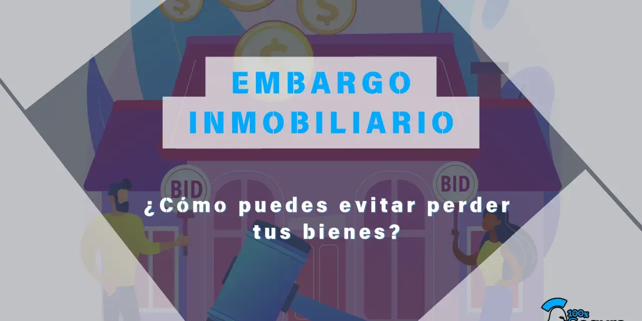 Ilustración sobre embargo inmobiliario. Un martillo de juez y monedas flotan sobre una casa, con personas y el texto "¿Cómo puedes evitar perder tus bienes?".