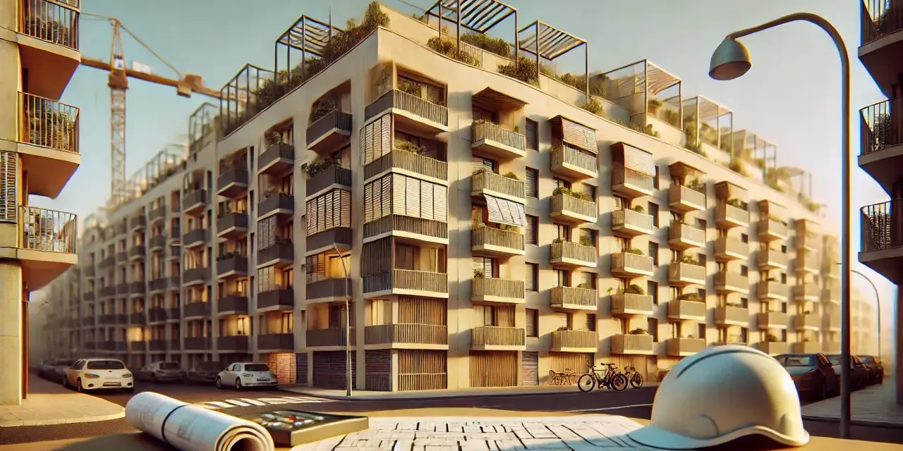Planos de nuevos edificios en Catalunya, con grúa de construcción al fondo y casco de obra en primer plano.