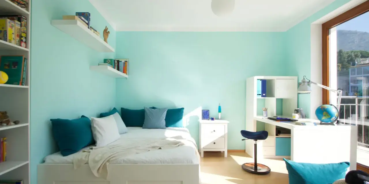 Habitación con pared verde menta y gris, cama blanca, estanterías y escritorio.