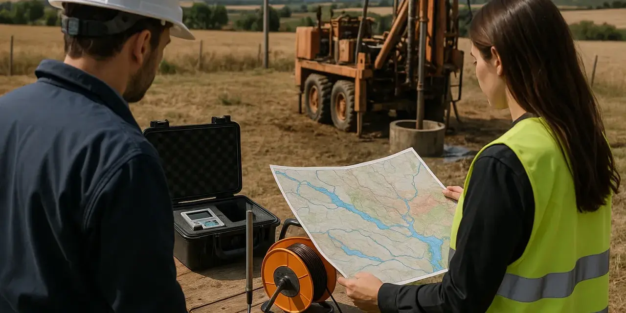 Ingenieros analizan mapa junto a equipo de perforación, buscando pozos anteriores a 1986.