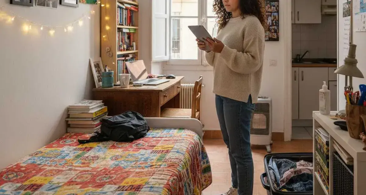 Joven revisa en su tablet qué necesito para empadronarme en un piso de alquiler. Habitación con cama, escritorio y estanterías.