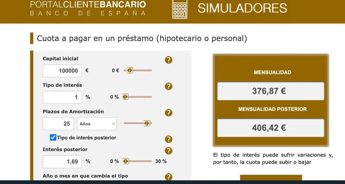 Simulador del Banco de España para calcular qué hipoteca me puedo permitir. Muestra capital inicial, tipo de interés y plazos.