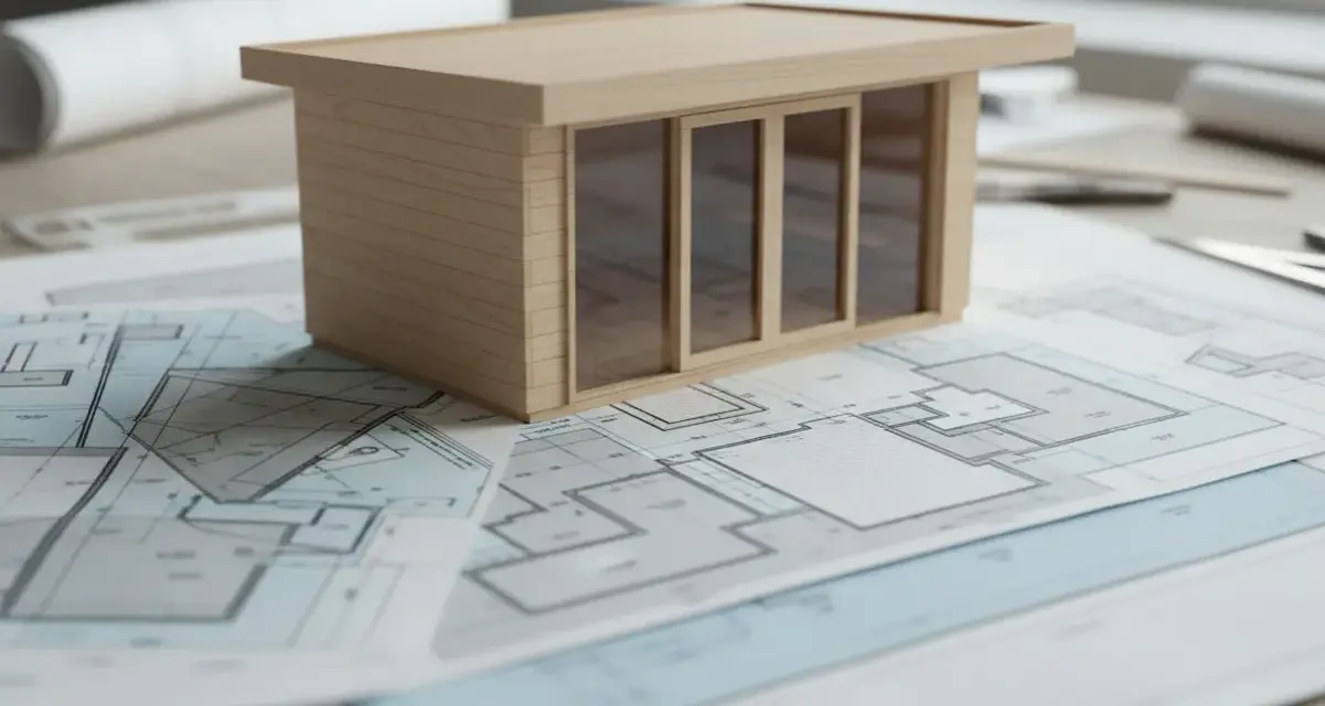 Maqueta de casa moderna sobre planos arquitectónicos, mostrando el concepto de **que es suelo urbano** y su desarrollo.