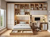Dormitorio con despacho integrado, cama con cajones y estanterías de madera. Ideal para espacios pequeños.