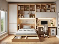 Dormitorio con despacho integrado, cama con cajones y estanterías de madera. Ideal para espacios pequeños.