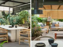 Elegante decoración ibicenca exterior con muebles de ratán, mesas de piedra y abundante vegetación. Un oasis de paz y estilo.