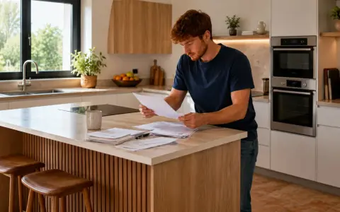 Hombre pelirrojo revisa facturas en su cocina moderna. Preocupado, piensa: "por 6000 euros me pueden quitar mi casa".