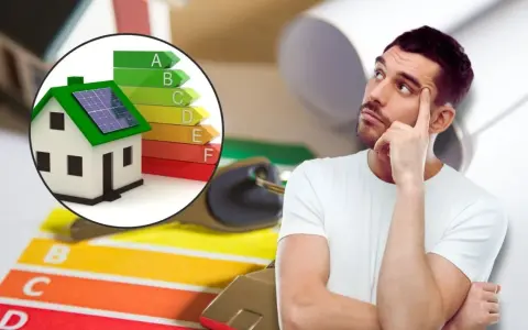 Hombre pensativo junto a una casa con paneles solares y escala de eficiencia energética, pensando en contratos de alquiler.