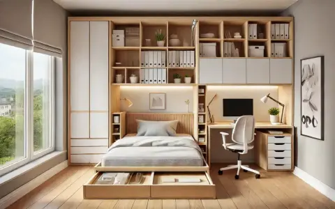 Dormitorio con despacho integrado, cama con cajones y estanterías de madera. Ideal para espacios pequeños.