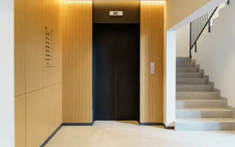 Portal moderno con ascensor negro y escaleras de mármol. Ideas para como decorar un portal de vecinos con paneles de madera y luz cálida.