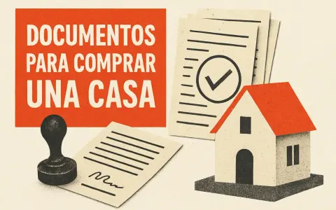 Documentos para comprar una casa: una casa de juguete, papeles con un visto bueno y un sello.