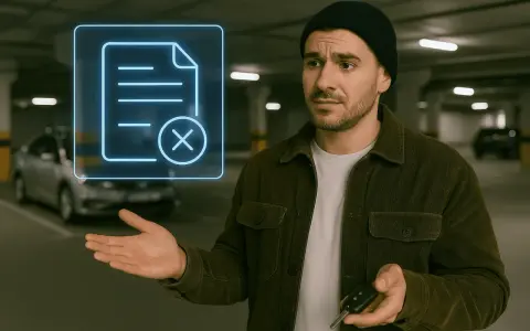 Hombre con llaves en garaje, gesto de duda ante icono de documento tachado. ¿Problemas con el alquiler de plaza de garaje sin contrato?