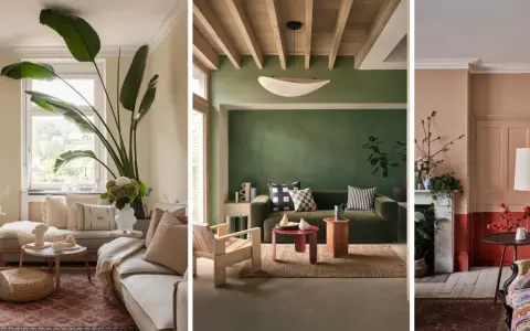Inspiración de colores para salones: tonos tierra, verde musgo y melocotón en ambientes acogedores con plantas y texturas naturales.