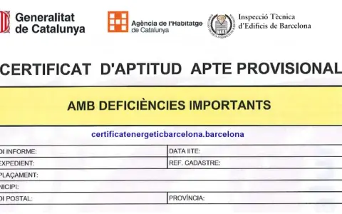 Certificat d'aptitud provisional amb deficiències importants, relatiu a la inspecció tècnica d'edificis a Barcelona.