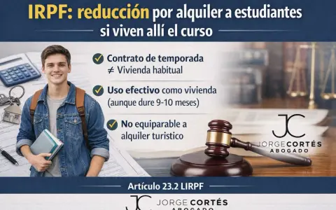 IRPF: reducción 60% alquiler vivienda estudiantes. Contrato temporal, uso efectivo como hogar durante el curso. No es alquiler turístico.