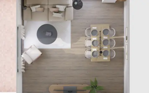 Distribución salón comedor rectangular: sofá, mesa de centro, sillón, mesa de comedor con seis sillas y mueble de TV.